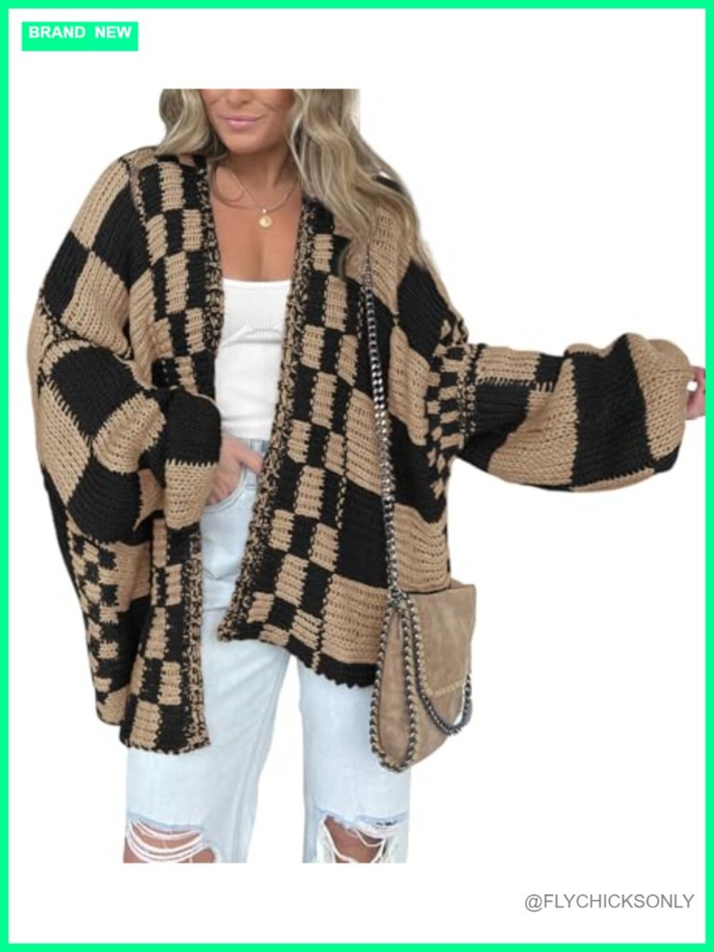 Women's Open Front V-Neck Cardigan Sweater Chunky Knit Checkered Pattern Long